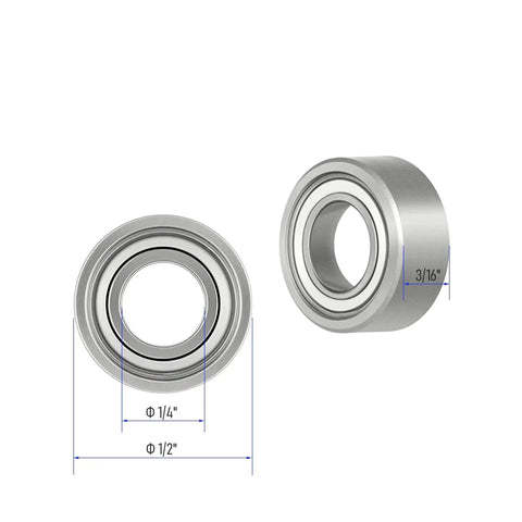 R188ZZ Deep Groove Ball Bearings 10 Pack Double Shielded Chrome Steel, side and front view, I.D. 1/4", O.D. 1/2", width 3/16".