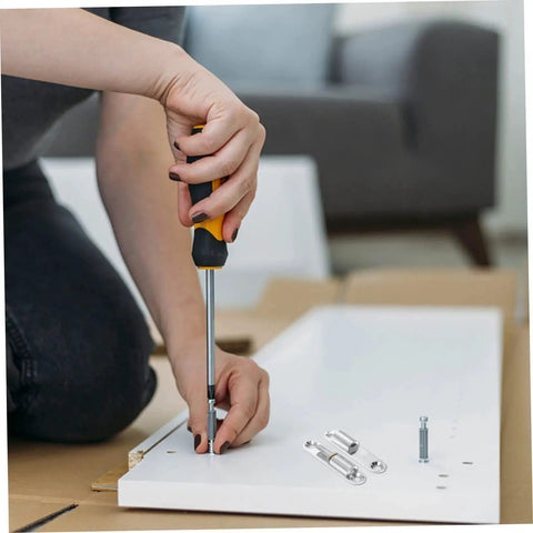 Person installing Sturdy Screw-On Metal Door Hinges 4 Pack For Internal Doors on white panel using screwdriver