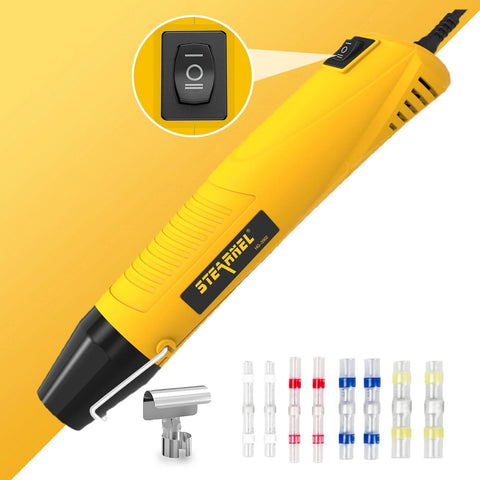 Yellow solder-seal wire connector heat gun kit with color-coded connectors and metal clamp accessory