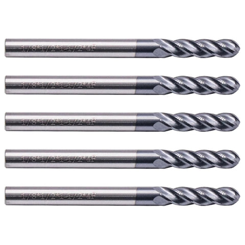 Front view of Top Notch Solid Carbide Ball Nose End Mills Set Of Five With AlTiN Coating, 4 flute, 30-degree helix, by BestParts.
