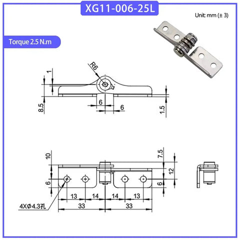 Stainless steel damping hinge with adjustable torque, model XG11-006-25L, 2.5 N.m, 1 piece