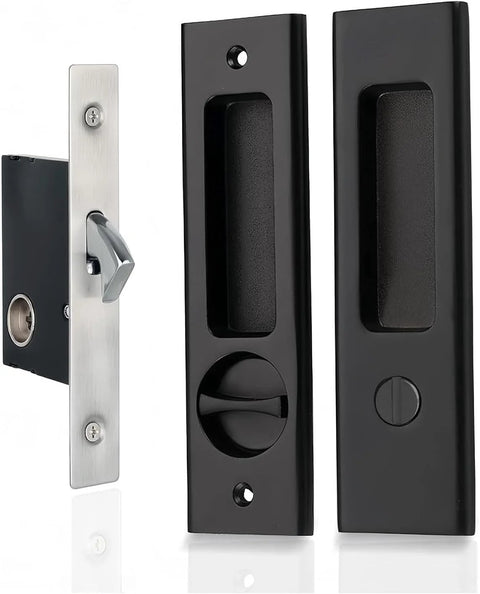 6.3 Inch Privacy Pocket Door Lock Set For Double Barn Doors, Silent Mortise Lock Hardware In Black, Zinc Alloy Handle With Brass Cylinder