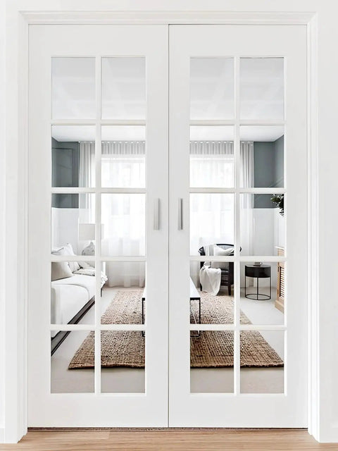Adhesive Cabinet Pulls 5 Pack 3 To 9 Sixteen Inch Length Covers 3 Inch Hole Center installed on white glass doors