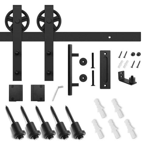 Heavy Duty Sliding Barn Door Hardware Kit in Black with Industrial Wheel Hangers, Includes Pull Handle Set and Floor Guide