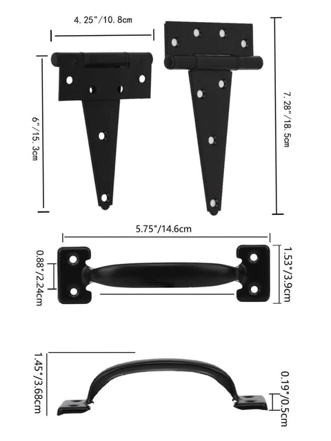 Wood Gate Hardware Set Heavy Duty 6 Inch Tee Hinge And Pull Kit With Screws, black finish, showing measurements for outdoor fence swing gate.