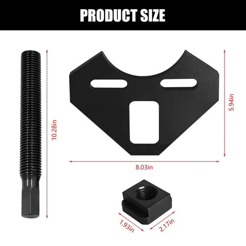 Universal Wheel Hub Remover Tool Kit parts with measurements for seized hubs and frozen bearings, includes threaded insert and hub remover plate.
