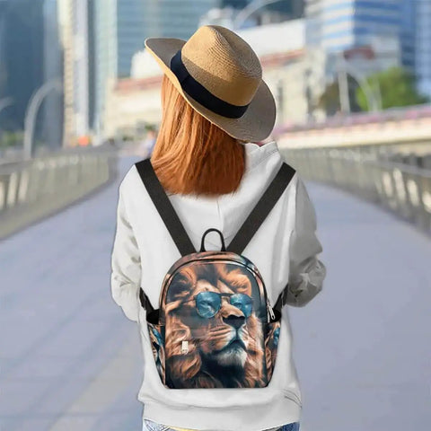 Mini Backpack Purse For Women Cute Small Daypack with lion design, adjustable straps, worn on woman's back in city setting.