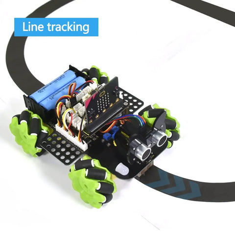 Microbit V2 Robot Car Kit with 4WD Mecanum Wheels on track, showing line following sensors and Microbit V2 board