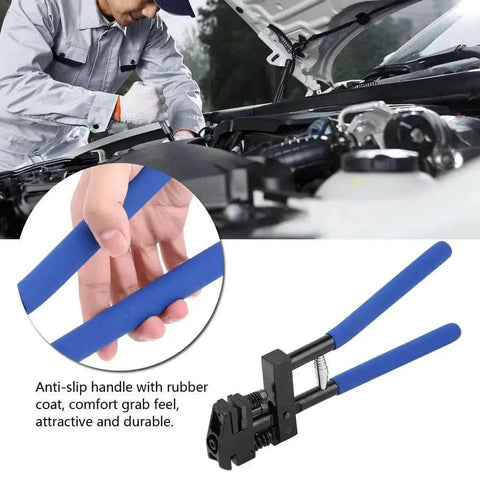 Mechanic using 5Mm Hole Punch And Panel Flanging Plier For Sheet Metal Repair, handheld welding tool close-up with rubber handles.