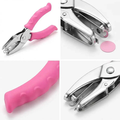 Dual Size Paper Hole Punch Set With Pink Soft Grip Handles, showing details of punches, grip, and heavy duty metal build for DIY crafts