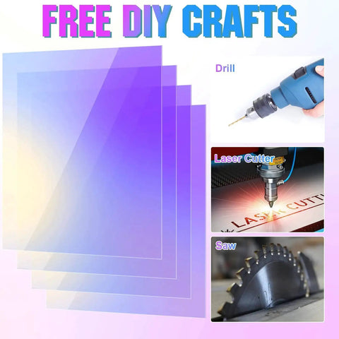 4 Pack 8x12 Inch Acrylic AB Sheets With Iridescent Radiant Color Shifting Finish, shown with drilling, laser cutting, and sawing tools