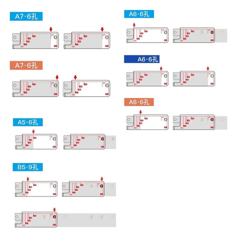 Diagram showing measurement settings for 3 Hole Handheld Paper Punch Grab And Go, compatible with A4 A5 A6 A7 sizes.