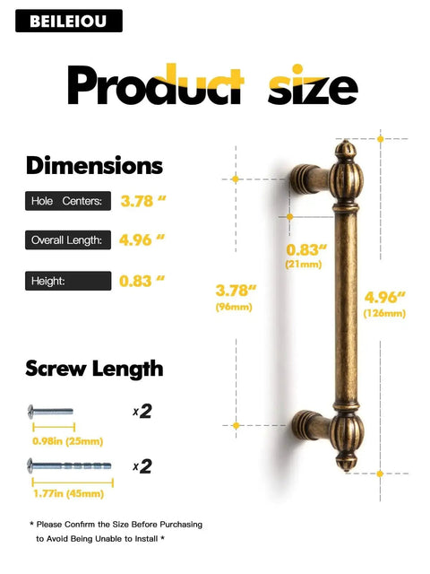 Antique Brass Zinc Alloy Cabinet Pulls Three And Three Quarters Inch Hole Center Classic Vintage Drawer Handles size dimensions chart