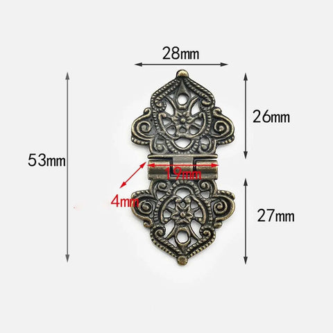 Old School Alloy Hollow Flower Hinges For Cabinets And Boxes with detailed measurements, durable metal for closets, dressers, and cupboards.