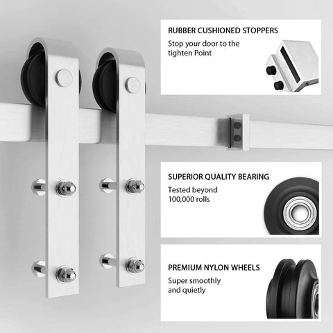 Close-up view of the 8 Feet Brushed Nickel Barn Door Hardware Kit For 42 To 48 Inch Wide Panels featuring J shape hangers and parts.