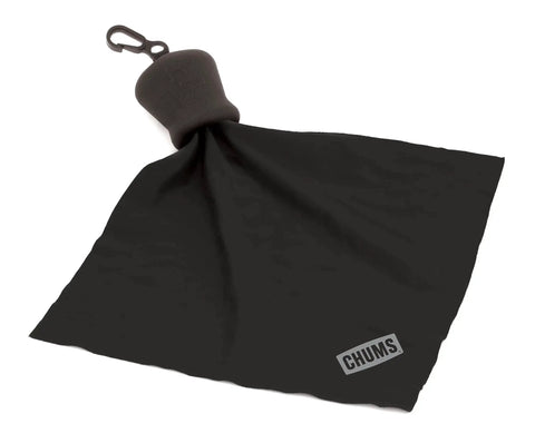 Close-up of EV Green Microfiber Lens Cloth With Clip Keychain for cameras, showing attached clip and black microfiber material.