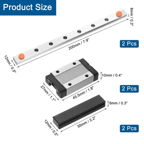 Two 200mm Linear Rail Sets With MGN12H Carriage Blocks And Mini Linear Guides displayed with size measurements