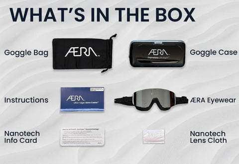 Contents include Frameless Ultralight Black Mirror Swim Goggles With VisiClear Nanotech Anti Fog Lens And 100 Percent UV Protection, case, bag, and cloth.