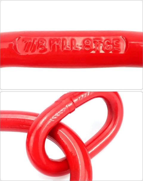 Close-up of red G80 steel chain sling ring with '7/8 MIL-8TCE' marking, used for lifting rigging in industrial applications.