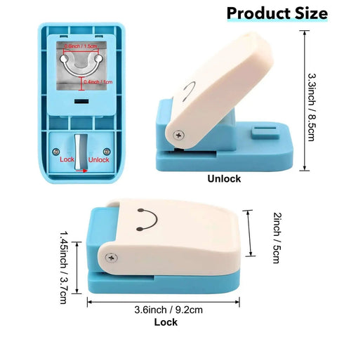 Dimensions of 3 In 1 Hangtag Punch Kit With Portable Hole Punch And Rounded Corner Cutter shown in side and front views.