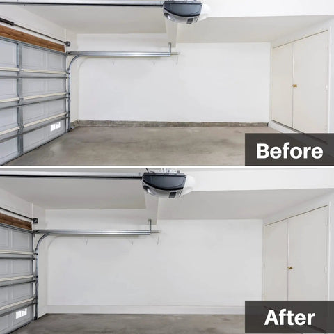 Before and after comparison of a garage showing clean, white walls and clear floor after using Self Adhesive Vinyl Wall Base Molding 4 Inch Wide 20 Feet White Peel And Stick Cove Base No Glue Needed Easy Install Durable Vinyl Trim COUKIU Ideal For Walls And Bathrooms Waterproof Flexible.
