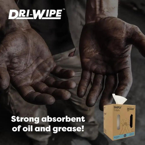 Focus on hands covered in grease next to Dri-Wipe Heavy Duty Wipes 160 Count For Tools And Machinery Size 10 By 15 Inches