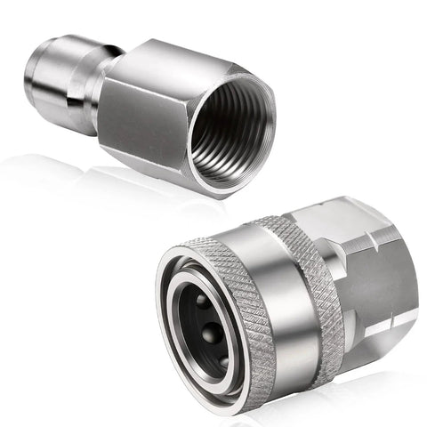 Stainless Steel Quick Connector Kit For Pressure Washers Two Sets NPT Three Eighths Inch Male And Female Adapters close-up view