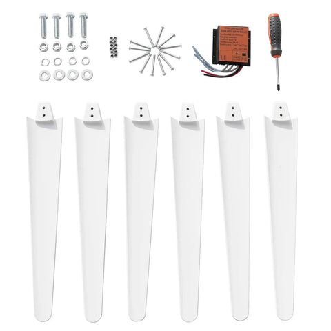 OSKOPWRC 800W wind turbine kit with six white blades, controller, and mounting hardware (flat lay)