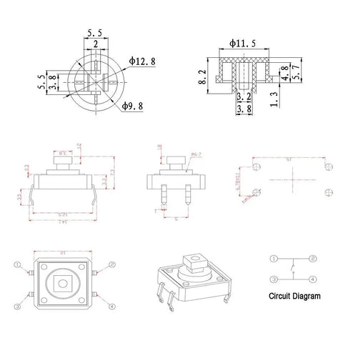 Technical diagram of 12x12x7.3mm Tactile Push Button Momentary SMD PCB Switch With Color Cap For Arduino, showing dimensions and layout