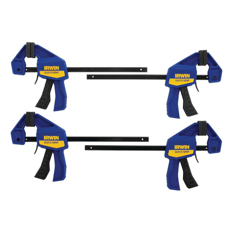 One Handed Mini Bar Clamps Set 4 Pack 6 Inch Quick Grip With Non Marring Pads For Woodworking And Projects Built Tough With Resin Body And Hardened Steel Bars 140 Lbs Holding Power Blue By IRWIN