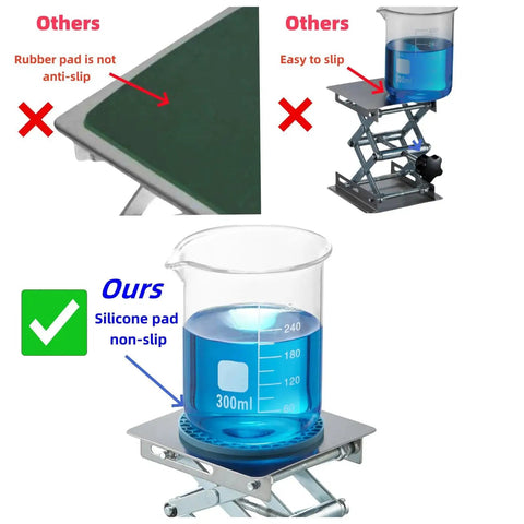 Non Slip Lab Scissor Jack Stand 4x4 Inch Platform Stainless Steel 50 To 160mm with silicone pad holding a beaker