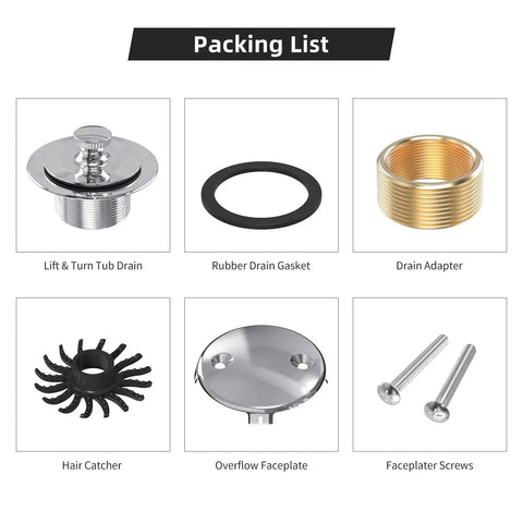 All Metal Lift And Turn Bathtub Drain Kit With Two Hole Overflow Faceplate Corrosion Resistant Chrome Plated Replacement Tub Drain Trim Set For Fine And Coarse Thread Conversion Fits One Three Eighths Inch And One Half Inch Tub Elbows packing list showing components.