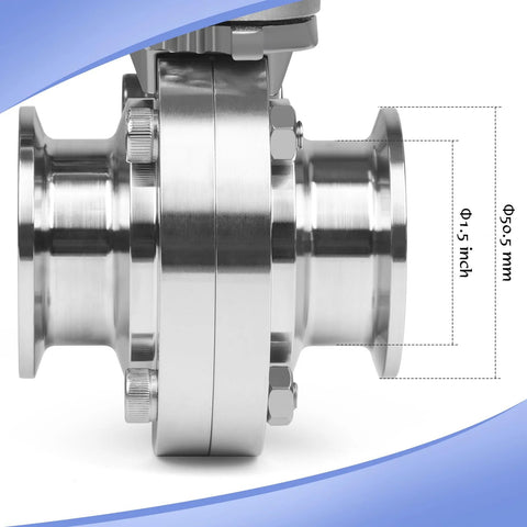 JMCOLMT 1.5 inch tri-clamp butterfly valve, stainless steel 304, trigger handle, side view