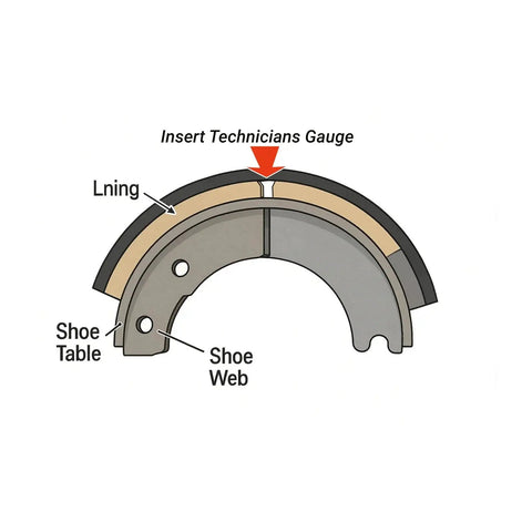 Illustration showing how to use 32nds Brake Pad Thickness Gauge 2-In-1 Technician Gauge for brake lining and drum wear inspection.
