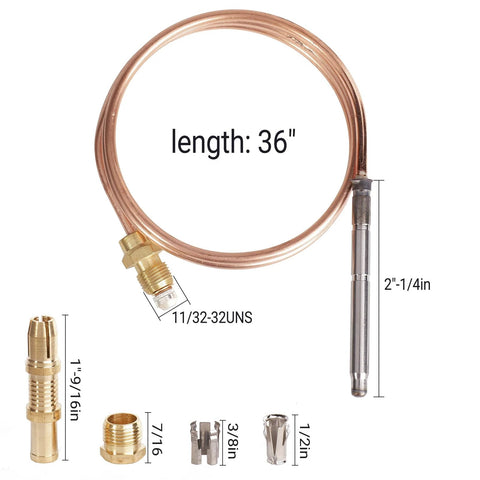 Copper thermocouple with 36-inch coil and brass fittings for Robertshaw thermostat pilot burner, universal snap-fit
