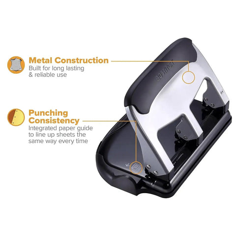 EZ Squeeze Heavy Duty 3 Hole Punch With 40 Sheet Capacity, All Metal Build, Fifty Percent Less Force, Integrated Paper Guide.