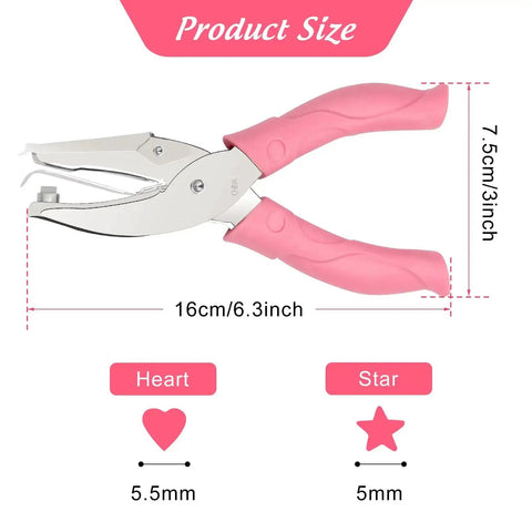 Two Piece Heart and Star Handheld Hole Punch Set Stainless Steel Single Hole Punchers with soft grip handles, size dimensions
