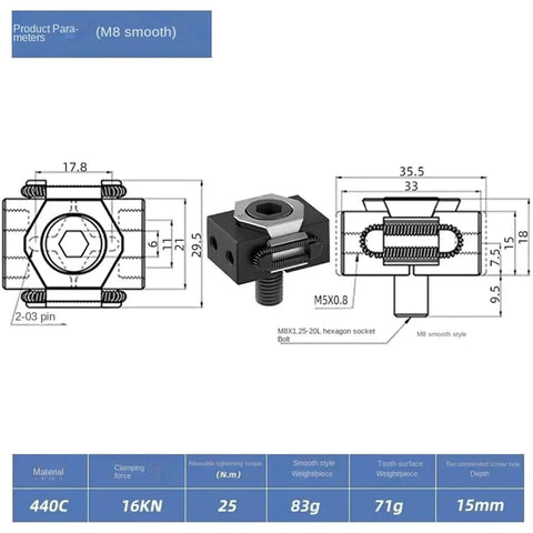 Technical schematic and specifications of Pro Grade Multi Station Milling Vise Fixture With M6 M8 M10 M12 Clamps, High Precision Workholding For CNC Milling, Pneumatic Accessories Included, Easy Setup, Durable Aluminum, Fits M8 Version.