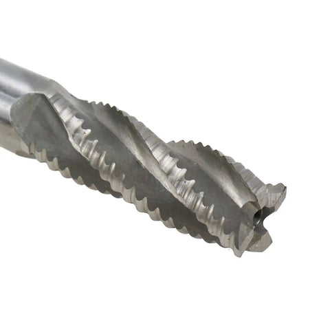Close-up of Roughing End Mill Bit Five Eighths Inch Cutting Diameter, Shank, Four Flute HSS End Mill Cutter for hard materials.