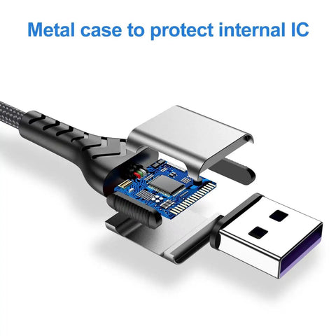 Close-up view of 2 Pack 10ft Braided USB Type-C Cable Fast Charge For Android Phones And Laptops, showing metal case and internal IC.