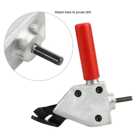 Power Drill Sheet Metal Cutter Attachment Beast Mode Heavy Duty Shear with red handle and drill attachment close-up view.