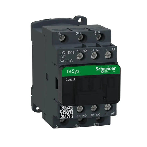 Front view of LC1D09BD 24VDC Contactor Beefy 4KW 9A AC-3, 3-phase relay, with auxiliary contacts, 24V coil, industrial grade, panel ready.