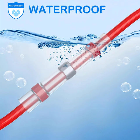 Waterproof solder connector with heat-shrink tubing on red wire and metal sleeve joint.