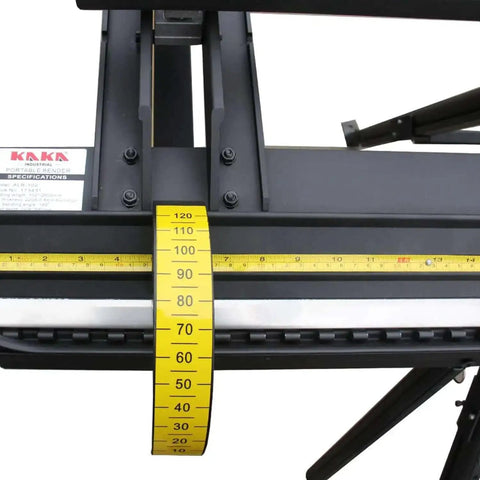 Close-up of Siding Brake 10.5ft 24 Gauge Sheet Metal Bender with measuring scale, roller knife, adjustable angles for bending metal roofing