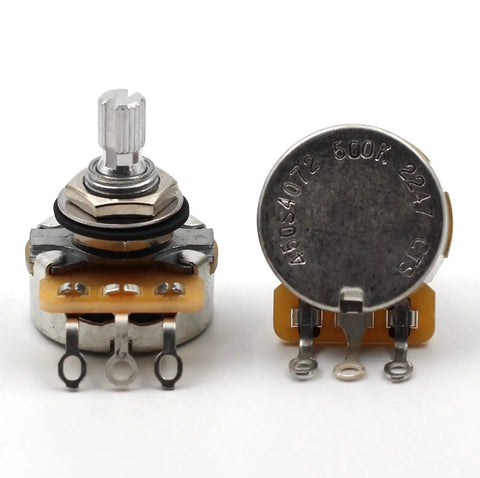 Audio Taper CTS 500k Guitar Potentiometer Kit, Set of 4 Split Shaft Replacement for Fender Potentiometers, front and back view