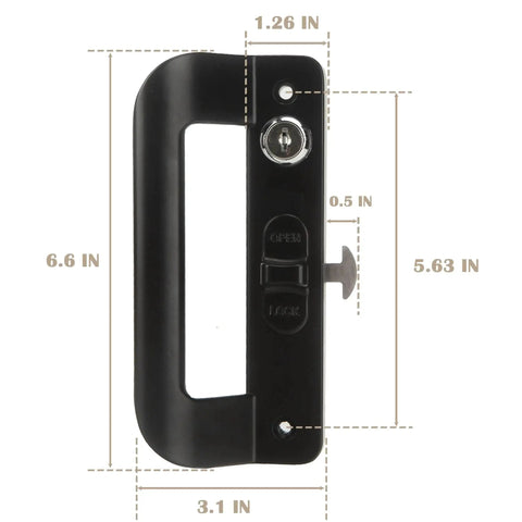 Front view of Full Replacement Sliding Door Handle Set For Five And Five Eighths Inch Hole Spacing With Mortise Lock And Key Front And Back Side Black Finish Durable Zinc Alloy Cylinder And Aluminum Handle Easy Installation
