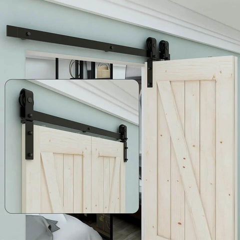 4ft Bi Folding Sliding Barn Door Hardware Kit For Two Doors Built Tough With Smooth Quiet Operation and Easy Install Carbon Steel With Matte Black Finish Corrosion and Rust Resistant Ideal For Home Office Garage Studio, door installed view.