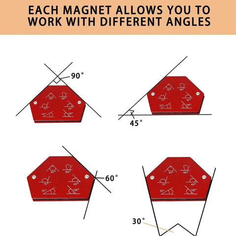 Magnetic Welding Holder Set 6 Pieces With Fixed Angle Soldering Positioner For Precise Welding And Handy Metalwork For Pros And DIYers Includes 30 45 60 75 And 90 Degree Angles, Strong Magnetic Holding Power, Welding Accessories diagram showing multiple angles.