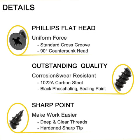 Heavy Duty Wood Screws Set 270 Pcs in Eight Size Assortment with flat head, carbon steel 1022A, details on quality and design