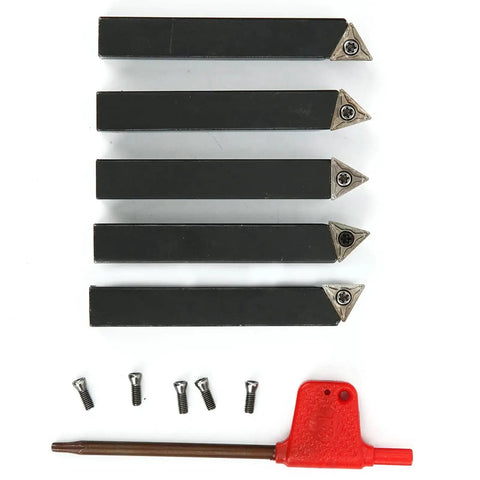 Pro Grade 5-Piece Three Eighths Inch Indexable Turning Tool Set With Cemented Carbide Inserts shown with Ti tool holders and screws